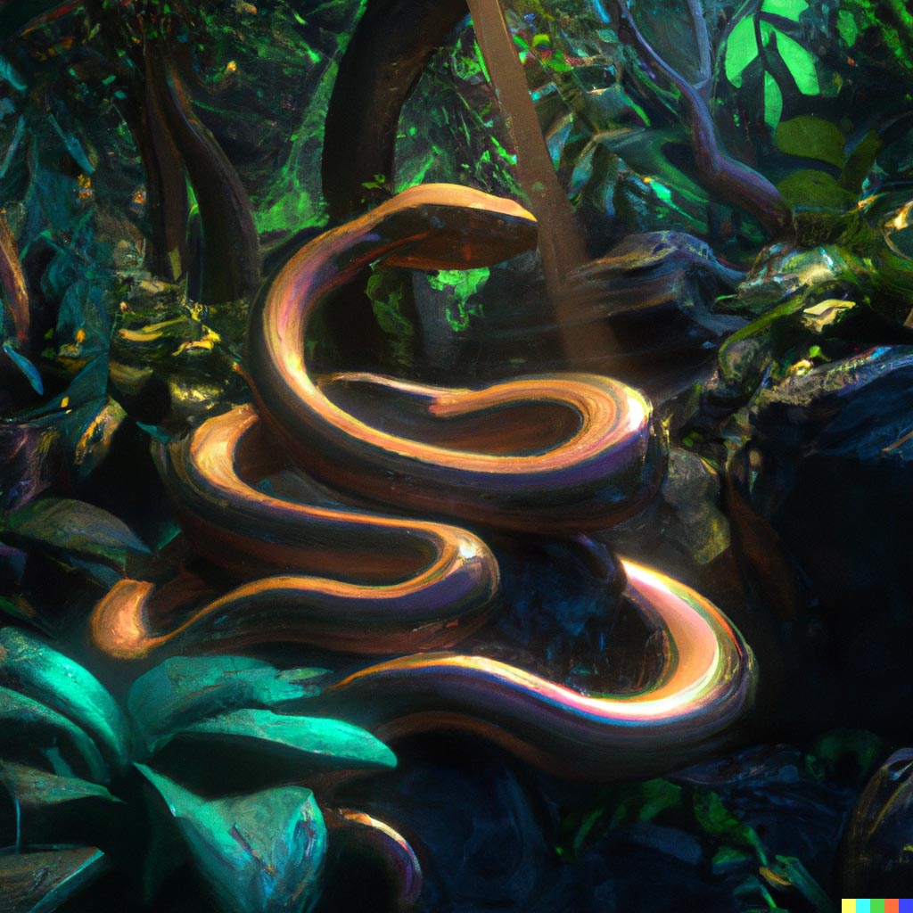 DALL·E prompt: Python sculpture made of gold in a lush jungle, digital art